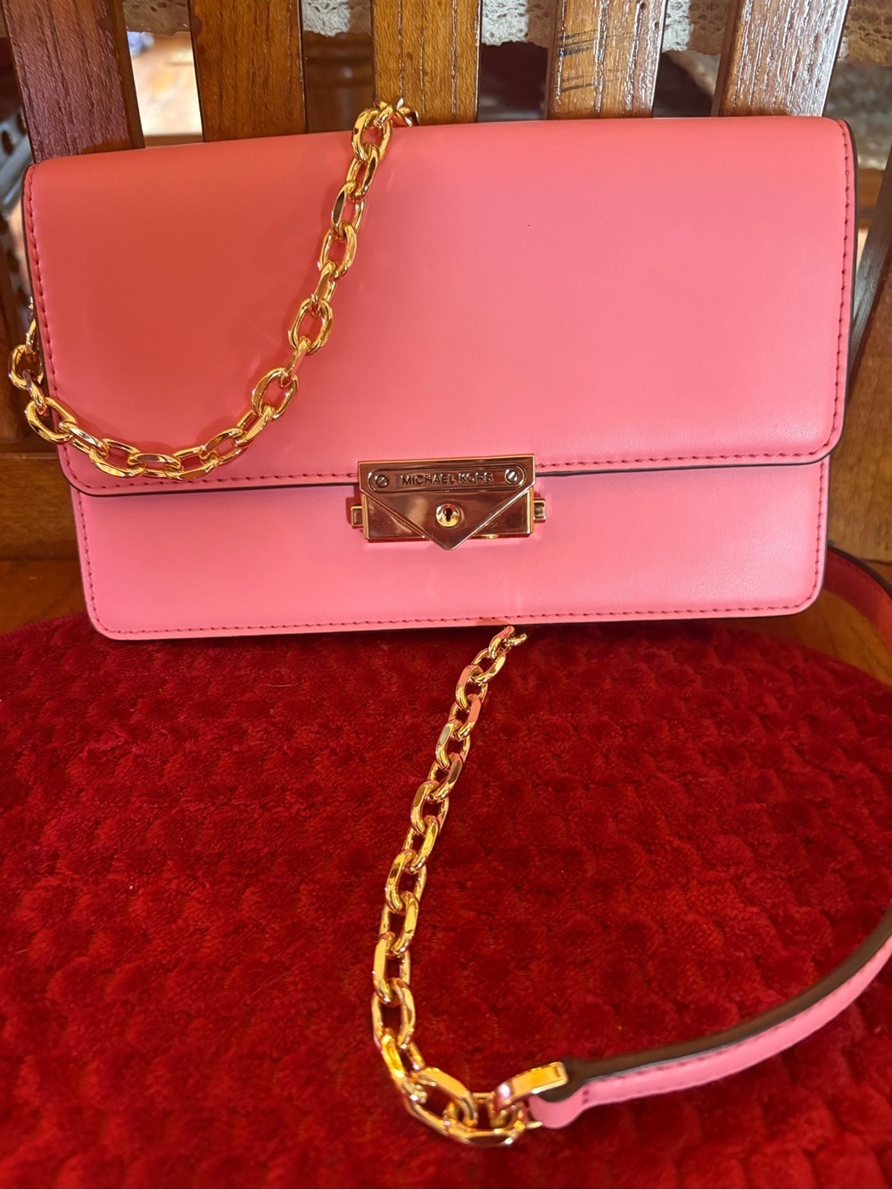 Michael Kors Cece Small Leather Chain Crossbody Shoulder Bag Pink Gold Tone